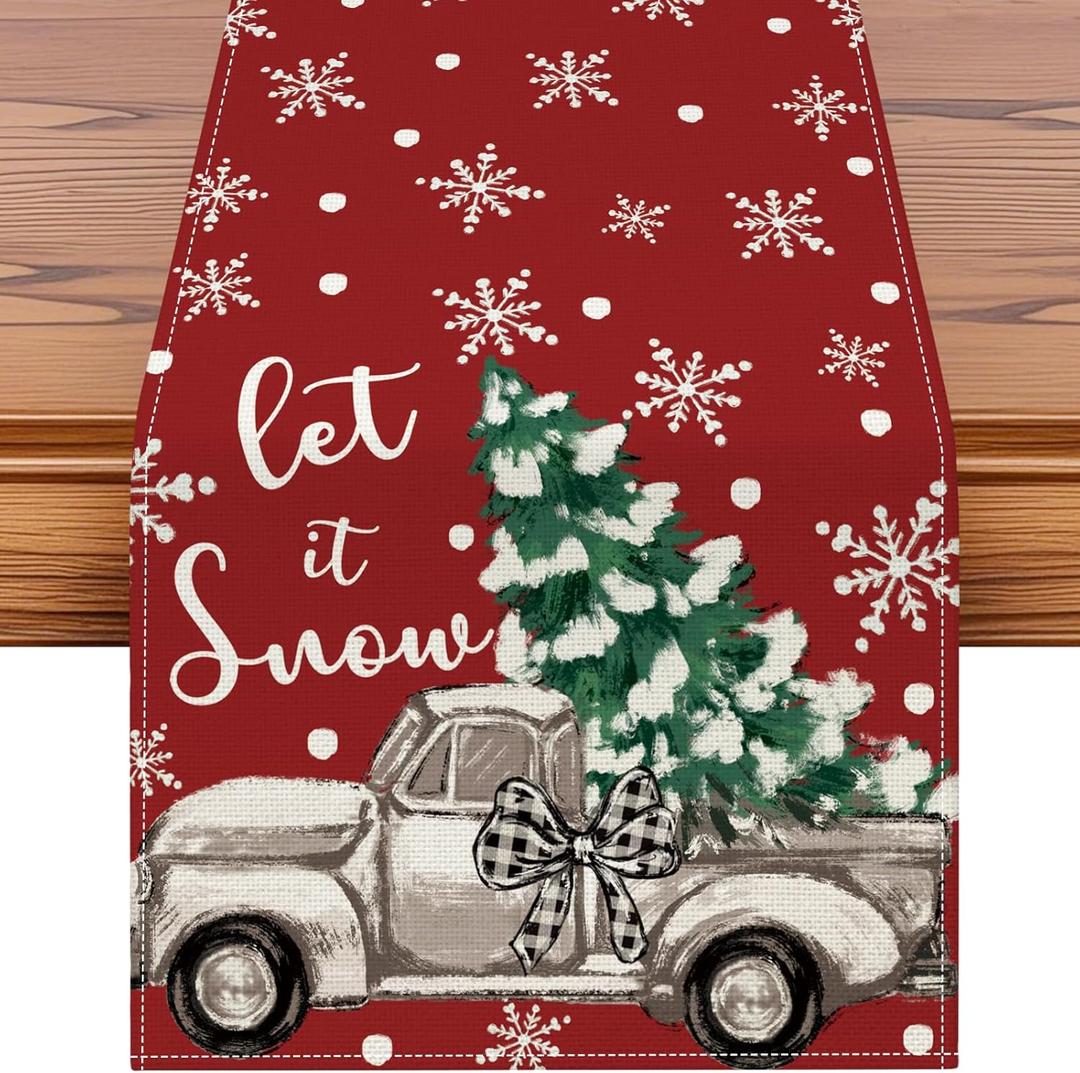 OTOSTAR Truck Christmas Tree Let It Snow Christmas Table Runner, Xmas Seasonal Winter Holiday Kitchen Dining Table Decoration for Home Party Decor 13x72 Inch (Red)