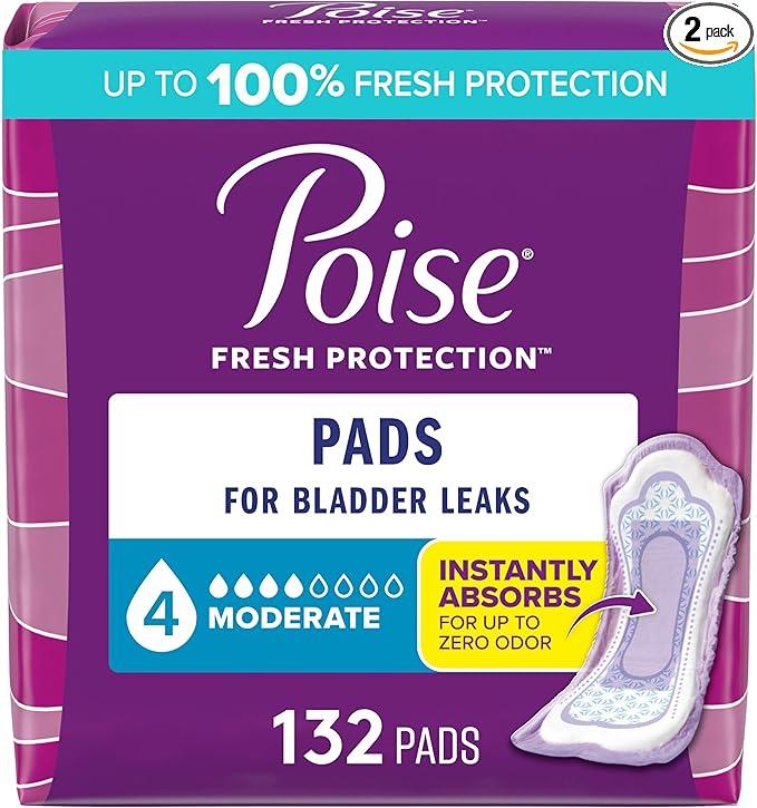 Poise Incontinence & Postpartum Pads for Bladder Leaks, 4 Drop Moderate Absorbency, Regular Length, 132 Count