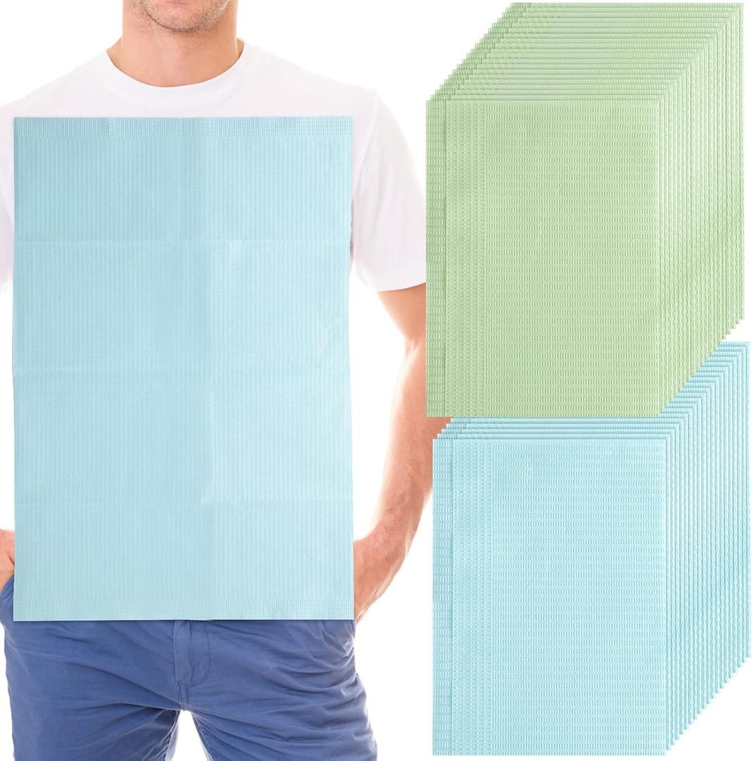 Woanger 100 Pcs Disposable Adult Bibs for Eating 3 Ply Waterproof Bib Adhesive Tab Napkins for Elderly Home Care Personal Use Patients Dentist Nail Salon