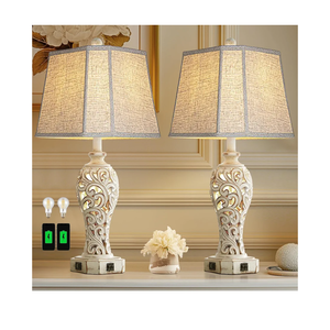 Set of 2 Rustic Table Lamps for Living Room Bedroom, Farmhouse Vintage Nightstand Lamp with 2 USB Ports, Hollow Out Resin Lamp for End Table with Nightlight, Bulbs Included (Wash White)