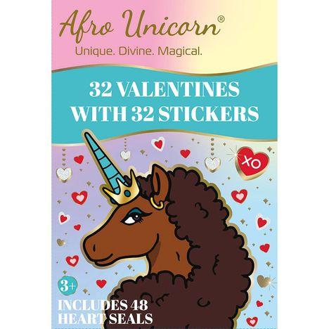 Afro Unicorn Valentine's Day cards and stickers. Pack of 3