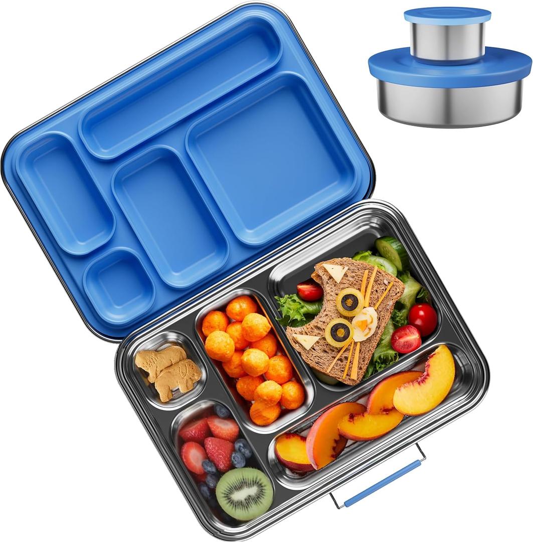 Stainless Steel Bento Box Kids, Kids Metal Bento Lunch Box BPA Free Lunch Box Containers 304 Stainless Steel Bento Box for School and Office(Bule) (Blue-05)