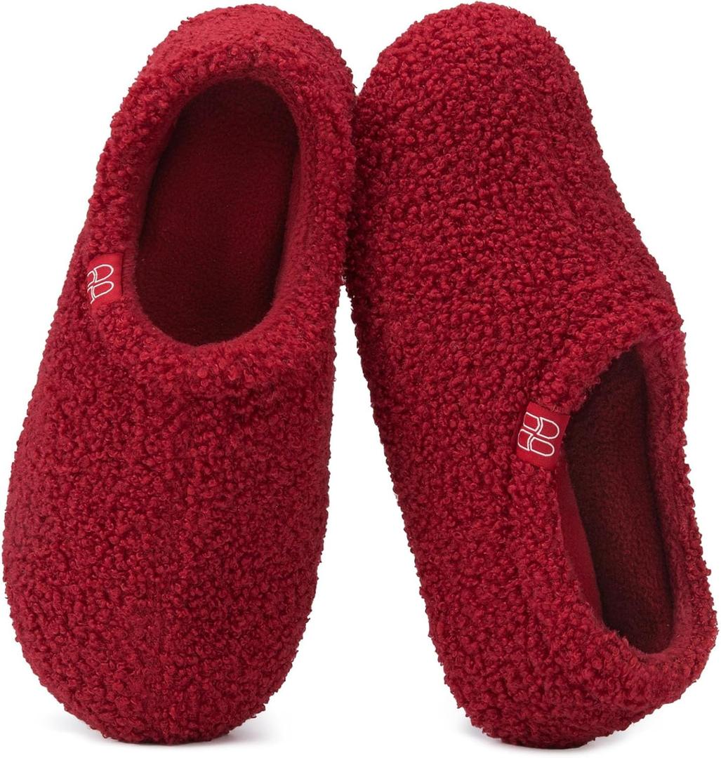 HomeTop Women's Fuzzy Curly Fur Memory Foam Loafer Slippers with Polar Fleece Lining (8.5, Wine Red)