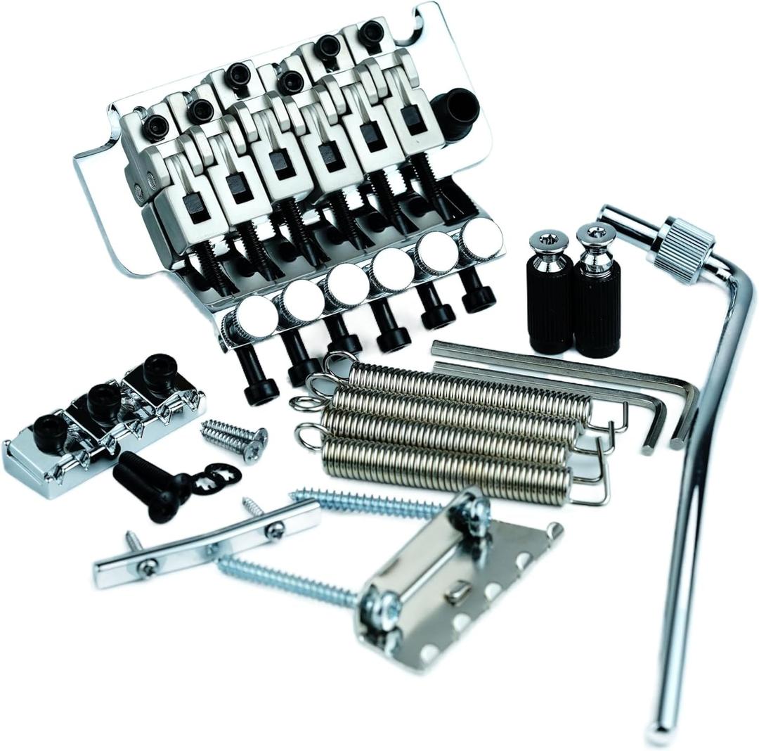 Double Rocking Tremolo Bridge, 6 String Electric Guitar Spring Stabilizer Device Double Vibrato System Tailpiece Saddle Playing Accessories Replacement (S1000 Chrome, 42mm String Lock Length)