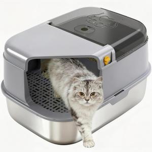 3-in-1 Convertible Cat Litter Box, ABS + Stainless Steel Pan, Enclosed Low Entry High Sided Box with Litter Trapping Grid, 23.1x16.93x14.1 Inch, for Senior Kittens & Large Cats（Grey）