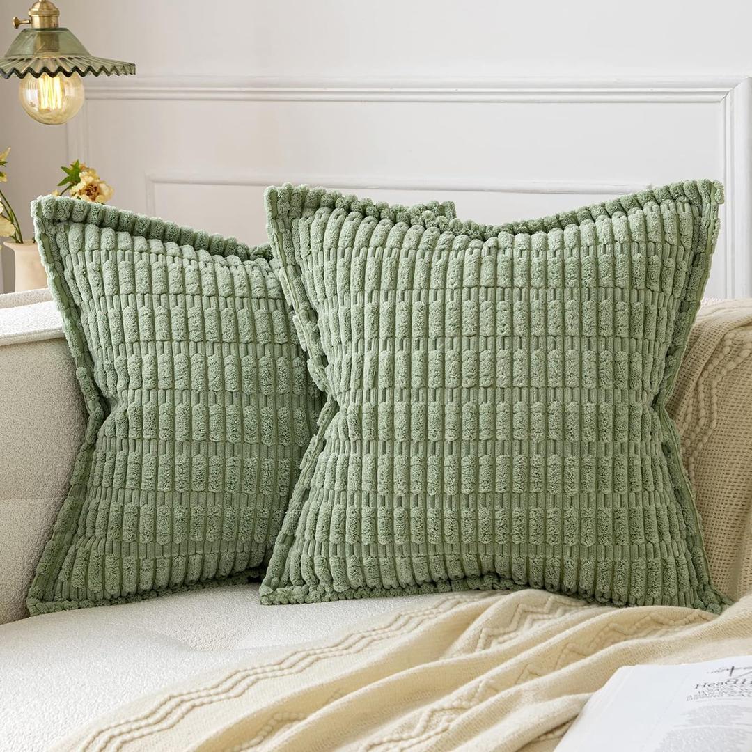 MIULEE Sage Green Corduroy Decorative Throw Pillow Covers Pack of 2 Soft Striped Pillows Pillowcases with Broad Edge Spring Winter Modern Boho Home Decor for Couch Sofa Bed 18x18 Inch