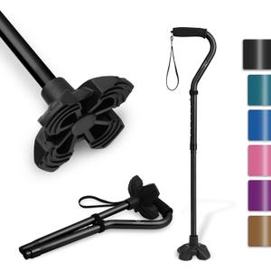 KINGGEAR F1 Walking Stick, Walking Cane for Women & Men with Wrist Strap, Lightweight & Sturdy Offset EVA Handle, Large Quad Base, Self Standing for Seniors and People with Injuries & Recovery (Black)