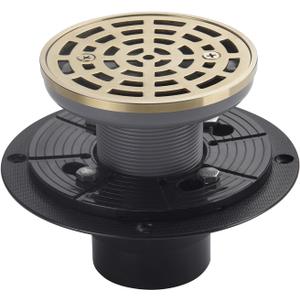 4 1/4 Inch Shower Drain Round Brushed Gold Color, Removable Grille Strainer Screws in Drain Cover, Base with Adjustable Drain Flange Kit PVC, SUS304 Stainless Steel Brass Face