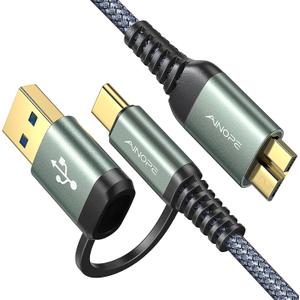 AINOPE 10Gbps Micro B to USB C External Hard Drive Cable 1.5FT, Nylon Braided External Hard Drive Cord Compatible with MacBook Pro/Air, Tablet/iPad, WD Seagate Toshiba Westgate, Samsung Galaxy S25
