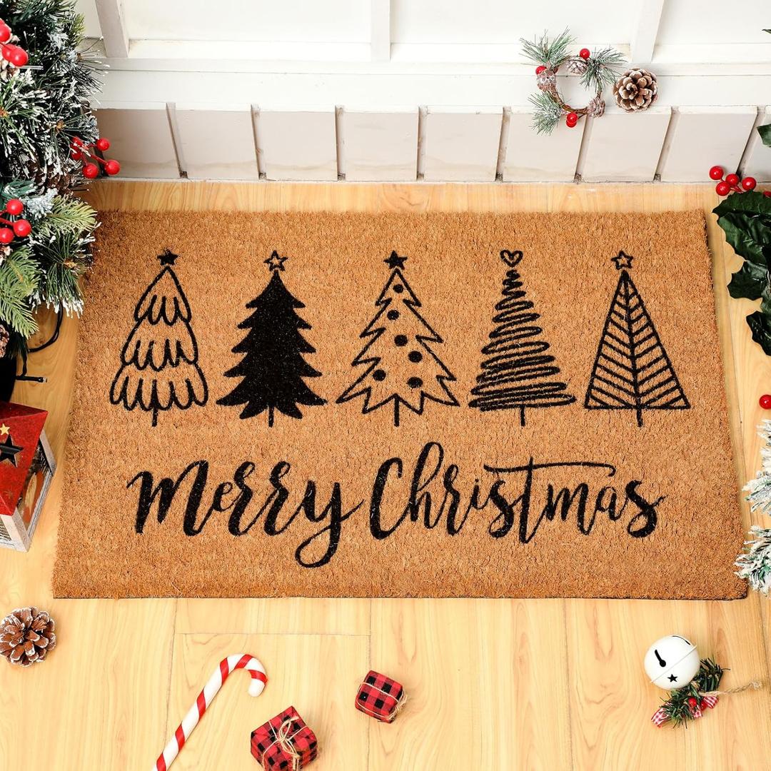 Duraaamo Merry Christmas Coir Doormat Christmas Tree Welcome Door Mat Non Slip Floor Mats Xmas Tree Mat Indoor Entrance Porch Front Decor, 24 x 16 Inch