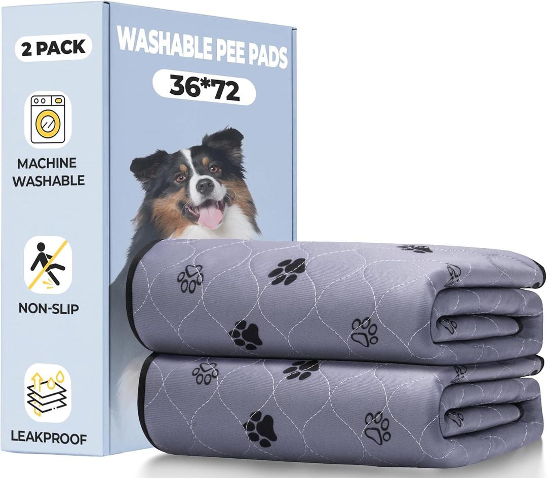 Fostanfly Washable Dog Pee Pads, 2 Pack 36''x72'' Non Slip Reusable Puppy Pee Pads with Great Urine Absorption, Dog Mats for Whelping, Potty, Pet Training (Gray)