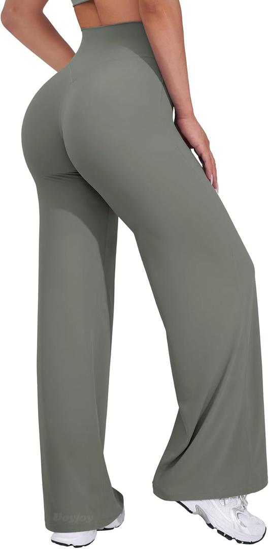 VOYJOY Straight Leggings Bottoms Wide Leg Pants for Women 29"/ 31.5"/33"/35" High Waist Stretch Casual Sweatpants (Medium, Gray Green)