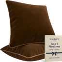 2 Pack Velvet Decorative Throw Pillow Covers, 18"x18", Brown and Camel, Solid, Modern, Contrast Piping, Indoor Use, Bedroom & Living Room