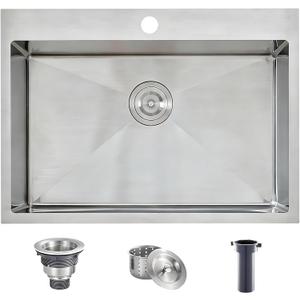 VCCUCINE 28x18 Inch Drop in Kitchen Sink 16 Gauge Top Mount Handmade T304 Brushed Nickel Kitchen Sink,Stainless Steel Single Bowl Workstation Topmount Overmount Sink with Strainer