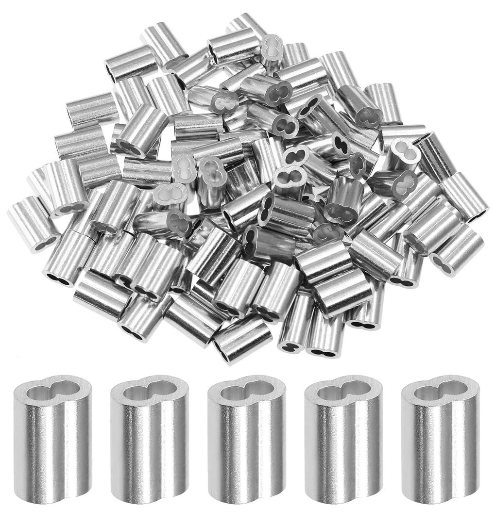 100pcs 1/8 Inch Aluminum Crimping Loop Sleeve for Wire Rope and Cable, Double Hole Type