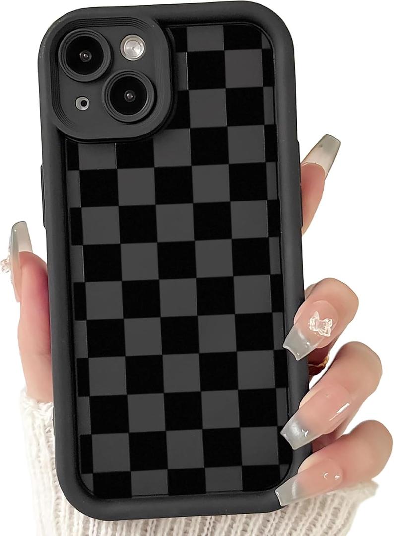 Lovmooful Compatible for iPhone 15 Plus Case Aesthetic Cute Checkerboard Lattice Plaid with Color Design for Girls Women Soft TPU Shockproof Protective Girly for iPhone 15 Plus Case-Black