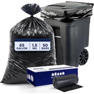 Plasticplace 65 Gallon Trash Bags 1.5 Mil Black Heavy Duty Garbage Can Liners 50 x 48 (50 Count)