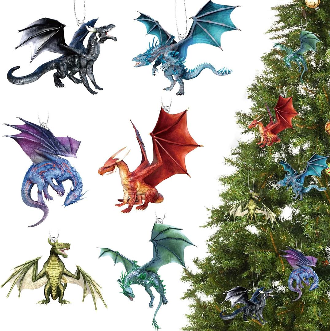 24 Pieces Dragon Christmas Tree Hanging Ornament Dragon Gothic Christmas Ornament Acrylic Holiday Festive Decoration with Hanging Ropes for Xmas Tree Decor Gift Souvenir, 6 Styles, 1.97 Inches