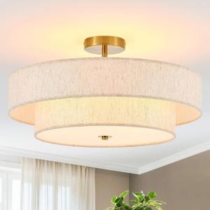 Modern Semi Flush Mount Ceiling Light 21.7" Modern Gold 4-Lights Drum Ceiling Lighting Fixture Vintage Linen Golden Ceiling Lamp for Laundry Room, Kitchen, Living Room, Dining Room, Bedroom, 21.7in