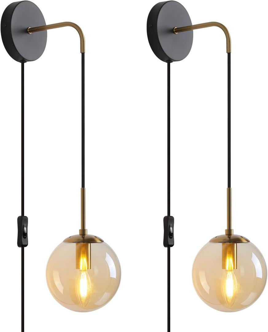 Wall Sconces Set of Two Black and Brass Gold  Plug in Wall Sconces Set of 2 with Globe Amber Glass Shade Wall Lights Wall Lamps for Bedrooms Sconces Wall Decor Set of 2 with Plug in Cord Switch