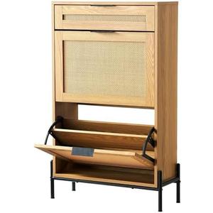 VEVOR Rattan Shoe Cabinet, Narrow Shoe Storage Organizer with 2 Flip Rattan Drawers & 1 Slide Drawer, Metal Legs, Slim Shoe Entryway Cabinet Ideal for Entryway, Closet, Hallway, Light Wood Color