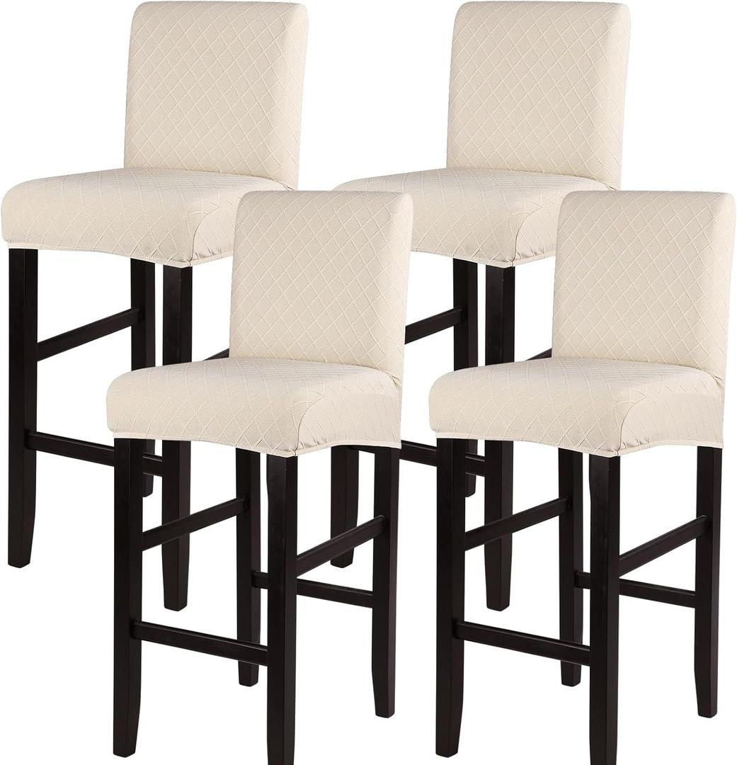 SearchI Jacquard Bar Stool Covers Set of 4, Stretch Washable Barstool Seat Covers, Counter Height Chair Covers for Kitchen Dining Room Cafe (Check Jaquard Beige)