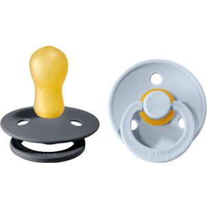 Bibs Colour Pacifier 2-Pack | BPA Free Soother, Round Nipple. Natural Rubber Latex, (Baby Blue / Iron)