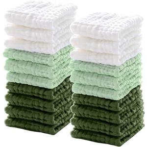 Breling 20 Pcs Baby Muslin Washcloth 12 x 12 Inch 100% Cotton Soft and Absorbent Muslin Washcloth Burp Cloth Wipe Newborn Face Towel for Baby Boy Girl Sensitive Skin(White, Light Green, Green)