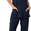 Women's V-Neck Scrubs Top & Cargo Pants Set, 10 Pockets, Yoga Waistband, 4 Way Stretch (Medium, Navy Blue)
