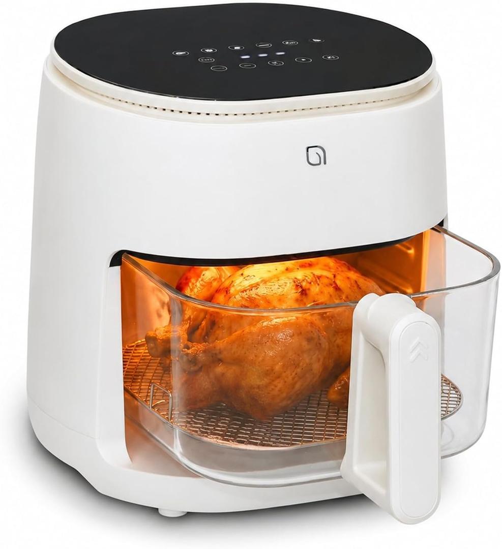 WILLOW Eco Series 6 in 1 Air Fryer with Glass Basket, 5 Quart Non Toxic Air Fryer w Digital Display, 430°F Max Temp, Preheat & Keep Warm Function, Compact + Dishwasher Safe Glass Airfryer - WHITE, 5QT