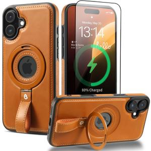 Magnetic Ring Grip Holder for iPhone 16 Case | Protective iPhone 16 Leather Case | Compatible with MagSafe | Built in Kickstand (Brown, IP 16-6.1inch)