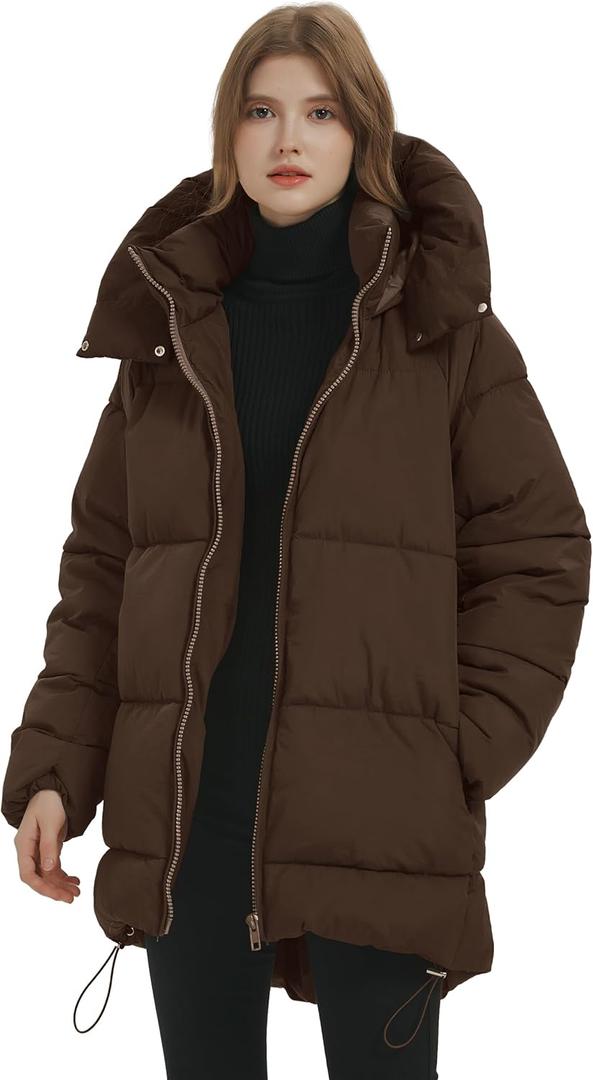 PEHMEA Women Mid-Length Puffer Hooded Jacket Winter Padded Warm Coat Thicken Outerwear Coats (Small, Coffee)