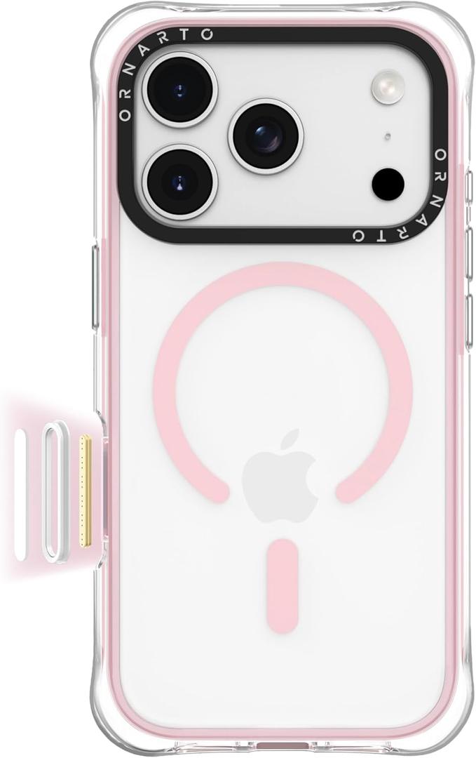 ORNARTO Air Case for iPhone 17 Pro Clear | Military-Grade Drop Protection | Camera Control Button | Compatible with MagSafe | Built-in Air Phone Cover - Pink