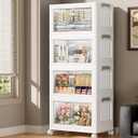 Hanyi 140 QT Stackable Storage Bins with Lids, 4 Tier Collapsible Plastic Storage Cabinet with Magnetic Doors, Removable Top Lid, Locking Wheels, Closet Organizer for Bedroom, Pantry, Office
