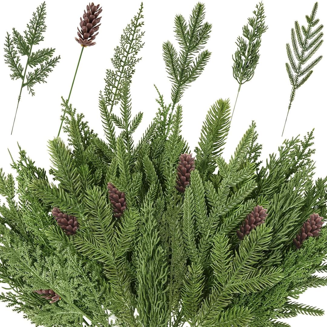 50PCS Christmas Norfolk Pine Branches, 6 Styles Artificial Christmas Norfolk Branches Artificial Greenery Real Touch Pine Needle Branches Stems Sprigs for Xmas DIY Making Garland Wreath Home Decor