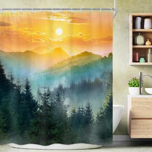 Riyidecor Mountain Rainforest Shower Curtain 60Wx72H Inch Green Misty Woodland Pine Tree Sunrise Sunset Scenery Landscape Foogy Greenery Rustic Bathroom Decor Fabric Polyester Waterproof 12 Pack Hooks