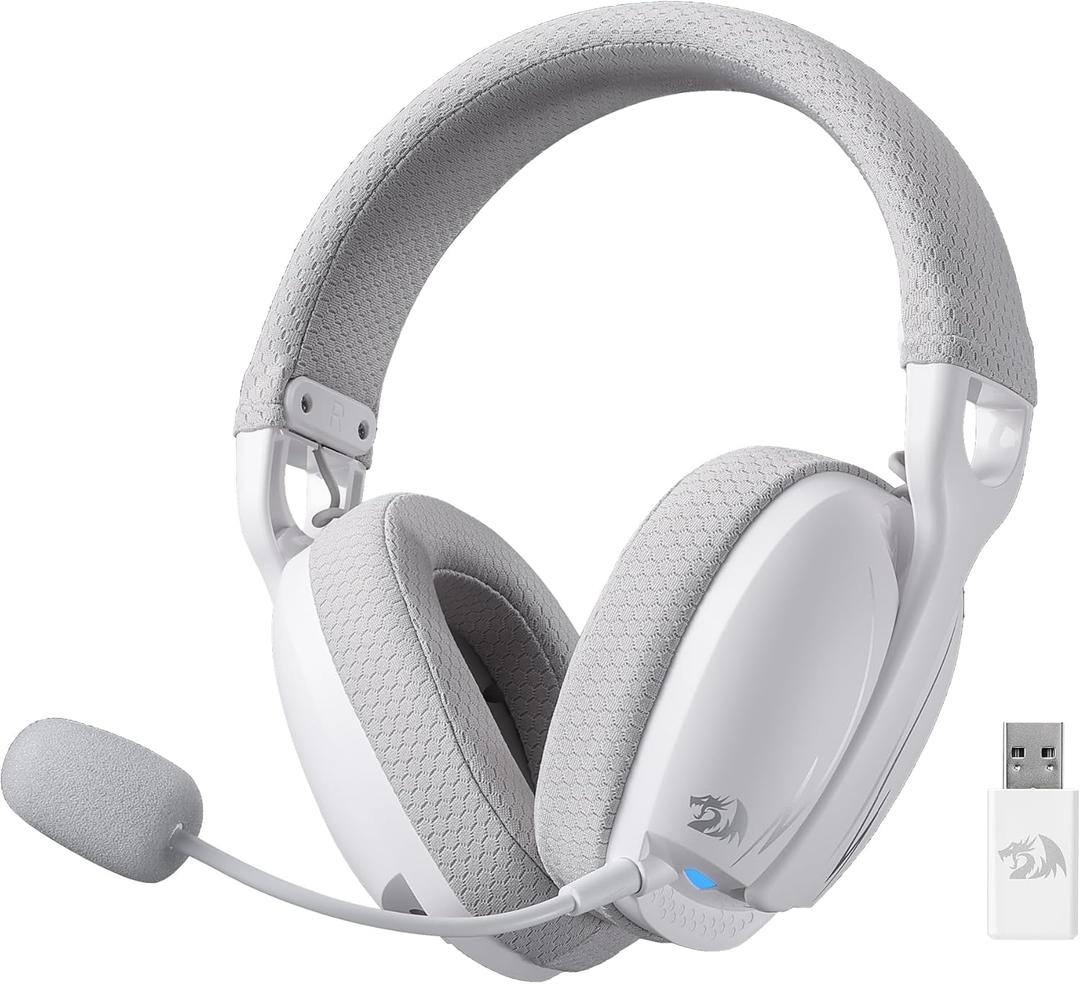 Redragon H878 3-Mode Wireless Blue Lighting Gaming Headset - Lightweight - 7.1 Surround Sound - 40MM Drivers - Detachable Microphone - Multi Platforms for PC, PS5/4/3, Switch, Mobile, White & Gray