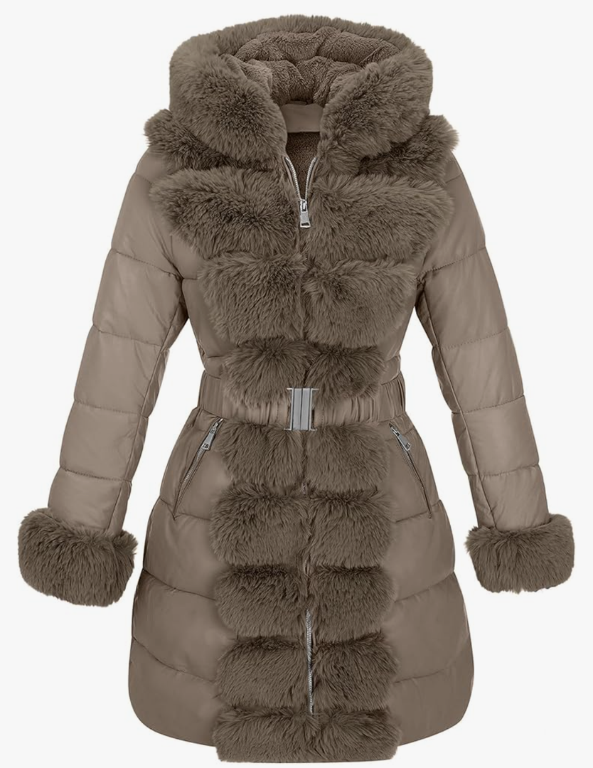 RISISSIDA Women Cold-resistant Winter Fur Lined Coat,Puffer Jacket with Long Fur Trim Hooded,Warm Leather Bubble Overcoat, Medium