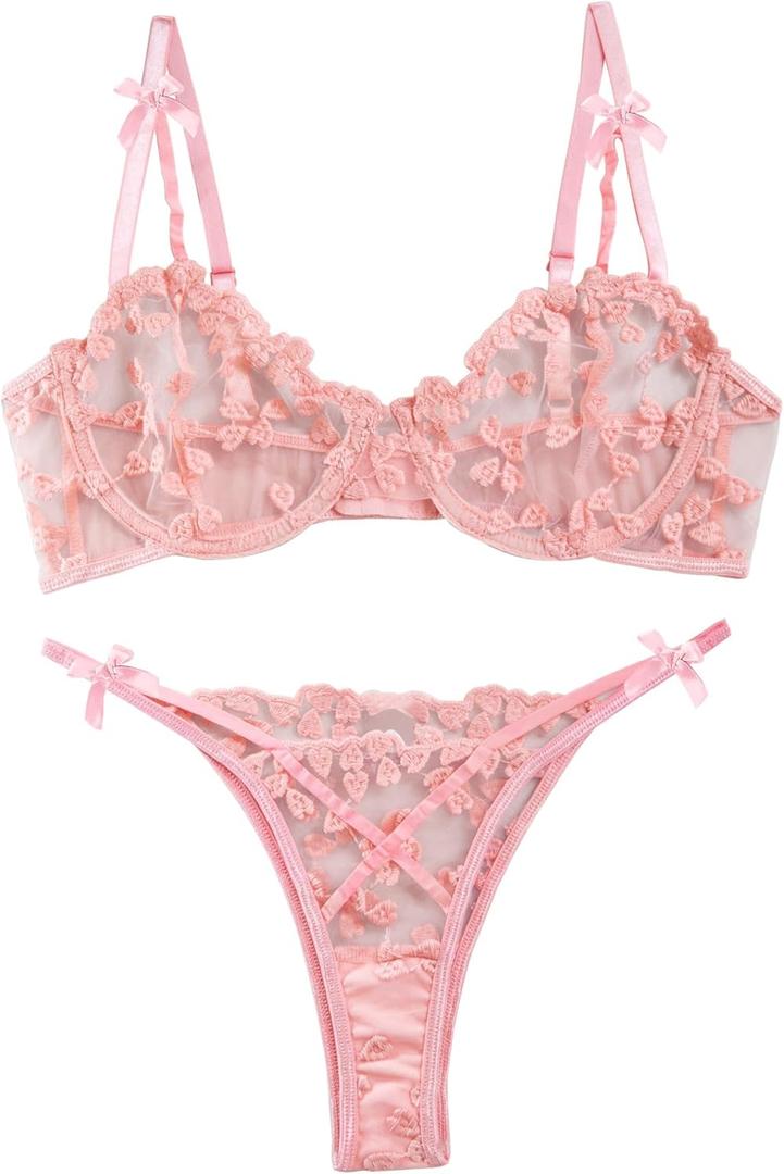 Lilosy Sexy Underwire Cute Push Up Strappy Embroidered Mesh Sheer Lingerie Set See Through Panty Bra (Small, Bow Pink)