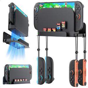 4 x [Switch 2/1/OLED Compatible] Auarte Metal Wall Mount for Nintendo Switch 2 Console 2025, Switch 2 Accessories Organizer Shelf Base Kit Behind TV with 5 Card Slots and 4 Joy-con Hanger, Carbon Black