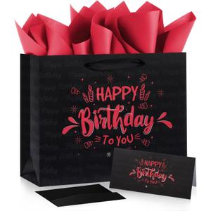 Black Red Birthday Gift Bag, 11" Birthday Paper Wrapping Bag with Tissue Paper, Greeting Card Envelope for Party Decorations Supplies Favors, Wrapping Paper for Women Men