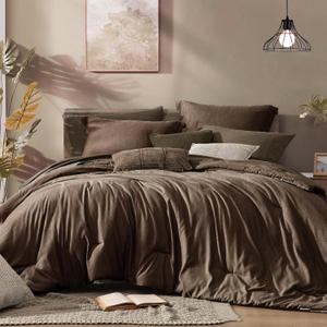 Monbix Oversized Queen Comforter Set, Chocolate Brown Cationic Dyeing Bedding Set Reversible, Bed in a Bag 7 Pieces with Comforter, Sheets, Pillowcases & Shams