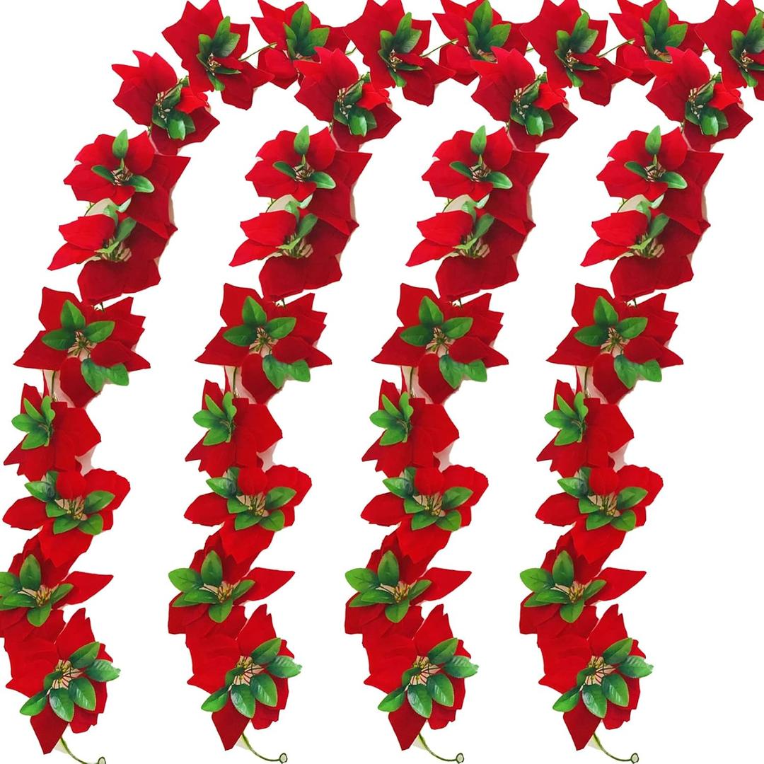 6.56 Feet Christmas Poinsettia Garland Artificial Poinsettia Flower Garland with Green Holly Leaves for Xmas Home Dining Room Deck Railing Staircase Decorations (Poinsettia Vine 8m)