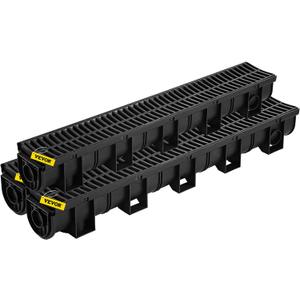 VEVOR Trench Drain System, Channel Drain with Plastic Grate, 5.9x5.1-Inch HDPE Drainage Trench, Black Plastic Garage Floor Drain, 3x39 Trench Drain Grate, with 3 End Caps, for Garden, Driveway-3 Pack