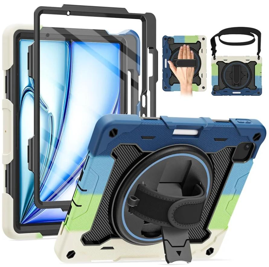 for Air 11 inch Case M3 2025 / M2 2024, Air 7th/6th Generation-with HD Screen Protector, 360 Rotating Kickstand/Hand Strap, Shoulder Strap, Pen Holder, Heavy Duty Military Grade- Kids Friendly