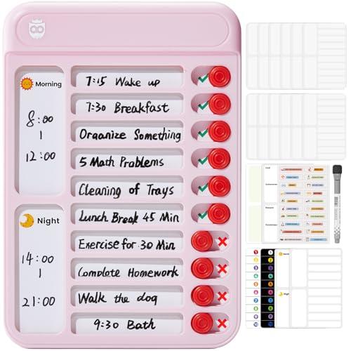 Chore Chart for Kids, Visual Schedule for Kids with Autism, Chart Board with 6 Reusable Sheets, Routine Chart Dry Erase Board, Magnetic Chore Chart for Fridge, Desk, Home - Pink