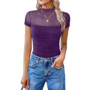 Avidlove Women's Short Sleeve Bodysuit Turtle Neck Body Suits Mesh One Piece Leotard Going Out Tops Date Outfits (Dark Purple, Small)