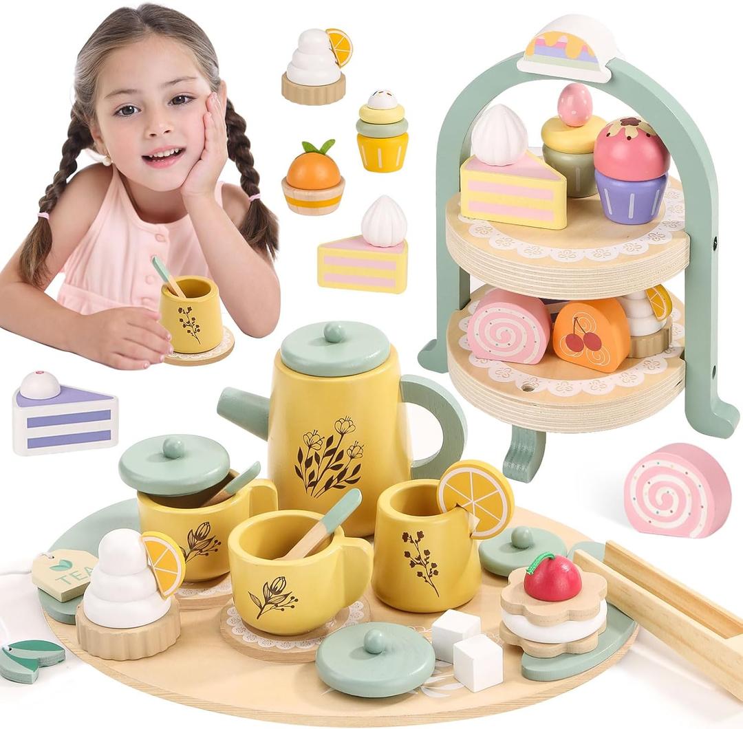 Wooden Tea Party Set for Little Girls, Toddler Tea Set with Cupcake Stand & Food Dessert, Pretend Play Food Kitchen Accessories for Kids Girls Age 2 3 4 5 6 Birthday Gift Wood Educational Toys
