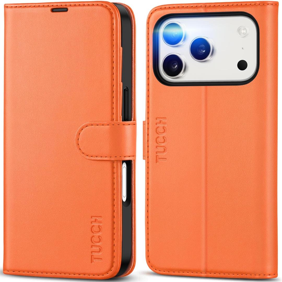 TUCCH Wallet Case for iPhone 17 Pro (6.3") 2025, 4 Card Holders, RFID Blocking, Stand, Shockproof TPU Shell, PU Leather, Magnetic Closure, Protective Flip Folio Cover, Orange