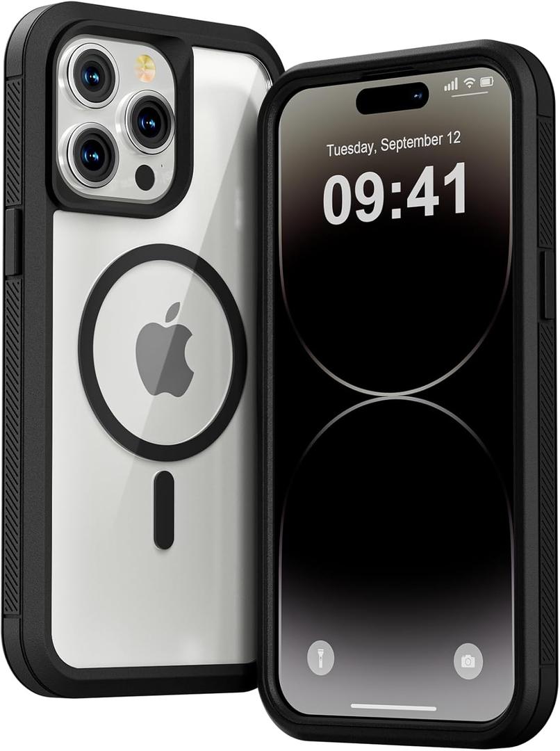 for iPhone 14 Pro Max Case, Compatible with MagSafe, Heavy Duty Shockproof Protection Phone Case, Transparent Double Layer Magnetic Protective Cover for iPhone 14 ProMax, 6.7'', Black